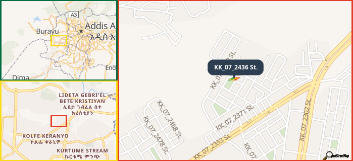 Map showing the address of KK_07_2436 St. in three different zoom levels.