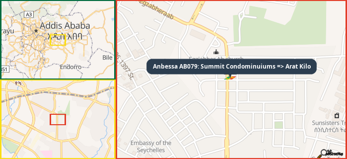 Map showing the address of Anbessa AB079: Summit Condominuiums => Arat Kilo in three different zoom levels.