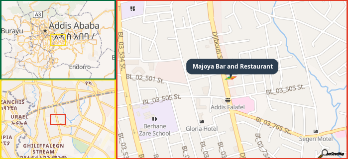 Map showing the address of Majoya Bar and Restaurant in three different zoom levels.