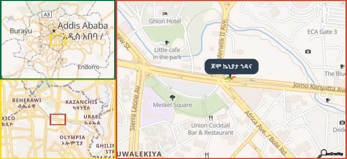 Map showing the address of ጆሞ ኬኒያታ ጎዳና in three different zoom levels.