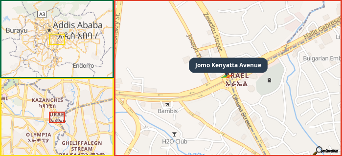 Map showing the address of Jomo Kenyatta Avenue in three different zoom levels.