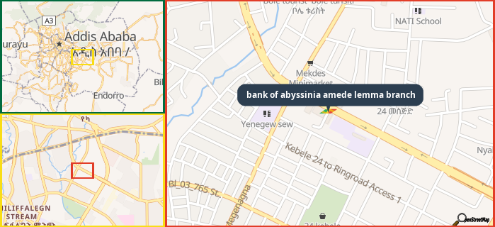 Map showing the address of bank of abyssinia amede lemma branch in three different zoom levels.