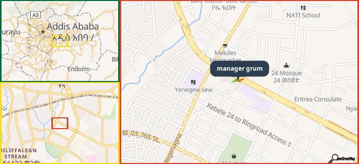 Map showing the address of manager grum in three different zoom levels.