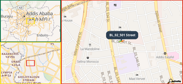 Map showing the address of BL_02_501 Street in three different zoom levels.