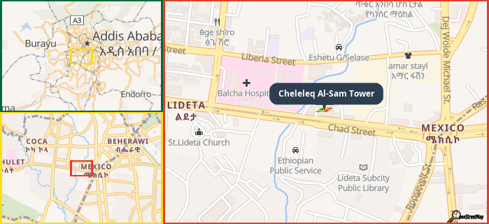 Map showing the address of Cheleleq Al-Sam Tower in three different zoom levels.