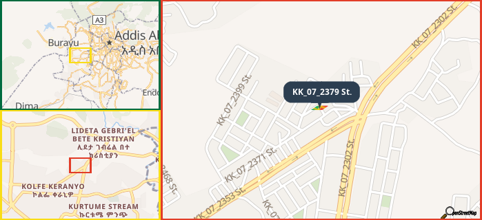 Map showing the address of KK_07_2379 St. in three different zoom levels.