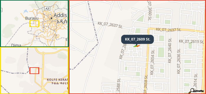 Map showing the address of KK_07_2609 St. in three different zoom levels.