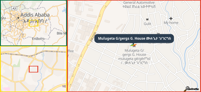 Map showing the address of Mulugeta G/gergs G. House ሙሉጌታ ገ/ገርግስ in three different zoom levels.