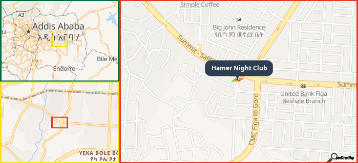 Map showing the address of Hamer Night Club in three different zoom levels.