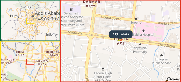 Map showing the address of ልደታ Lideta in three different zoom levels.