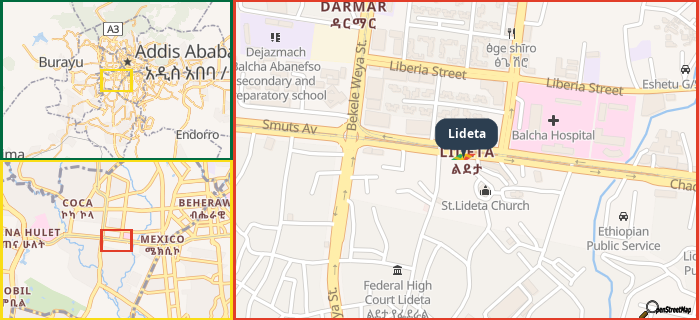 Map showing the address of Lideta in three different zoom levels.