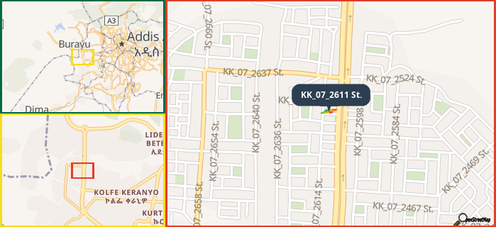 Map showing the address of KK_07_2611 St. in three different zoom levels.