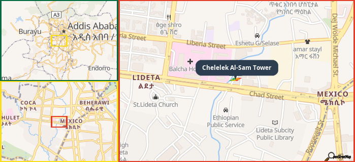 Map showing the address of Chelelek Al-Sam Tower in three different zoom levels.