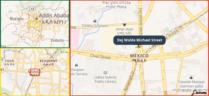 Map showing the address of Dej Wolde Michael Street in three different zoom levels.