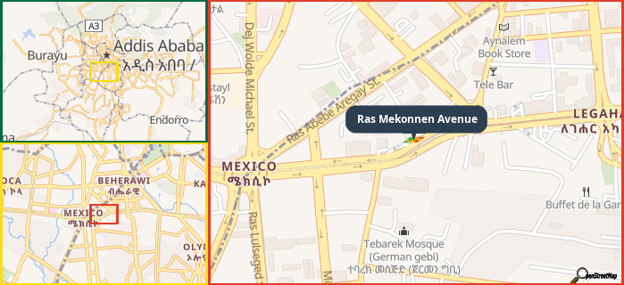 Map showing the address of Ras Mekonnen Avenue in three different zoom levels.