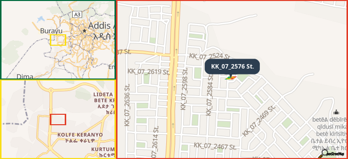 Map showing the address of KK_07_2576 St. in three different zoom levels.