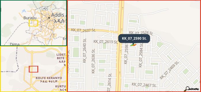 Map showing the address of KK_07_2590 St. in three different zoom levels.