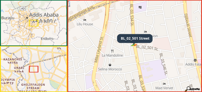 Map showing the address of BL_02_501 Street in three different zoom levels.