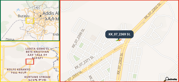 Map showing the address of KK_07_2369 St. in three different zoom levels.