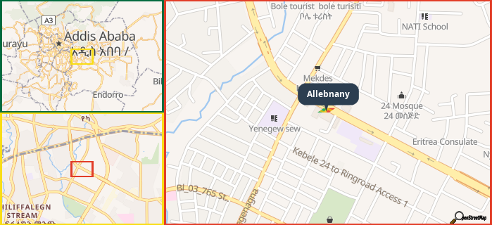 Map showing the address of Allebnany in three different zoom levels.