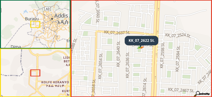 Map showing the address of KK_07_2622 St. in three different zoom levels.