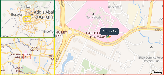 Map showing the address of Smuts Av in three different zoom levels.