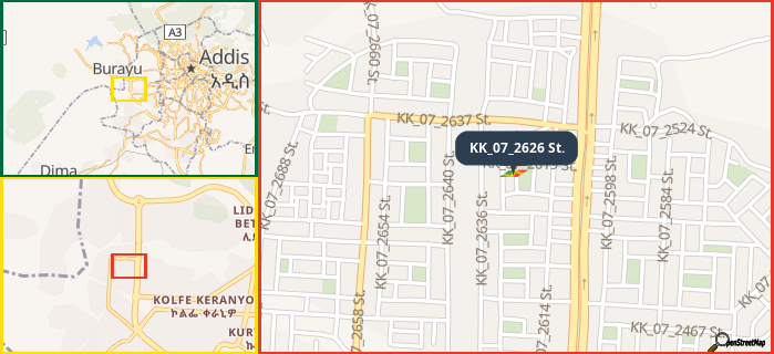 Map showing the address of KK_07_2626 St. in three different zoom levels.