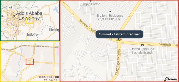 Map showing the address of Summit - Salitemihret road in three different zoom levels.