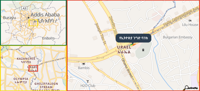 Map showing the address of የኢትዮጵያ ንግድ ባንክ in three different zoom levels.