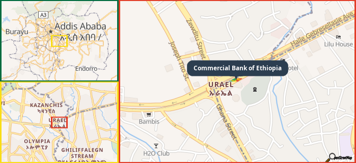 Map showing the address of Commercial Bank of Ethiopia in three different zoom levels.