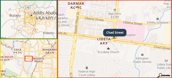 Map showing the address of Chad Street in three different zoom levels.