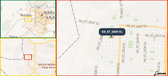 Map showing the address of KK_07_2609 St. in three different zoom levels.