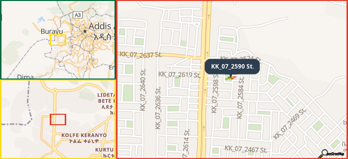 Map showing the address of KK_07_2590 St. in three different zoom levels.