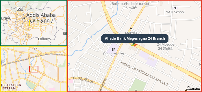 Map showing the address of Ahadu Bank Megenagna 24 Branch in three different zoom levels.