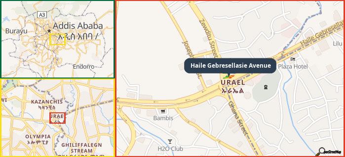 Map showing the address of Haile Gebresellasie Avenue in three different zoom levels.