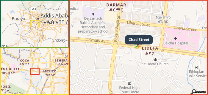 Map showing the address of Chad Street in three different zoom levels.