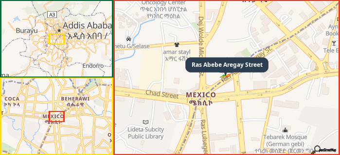 Map showing the address of Ras Abebe Aregay Street in three different zoom levels.