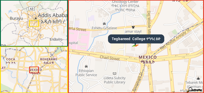 Map showing the address of Tegbareed  College ተግባረ ዕድ in three different zoom levels.