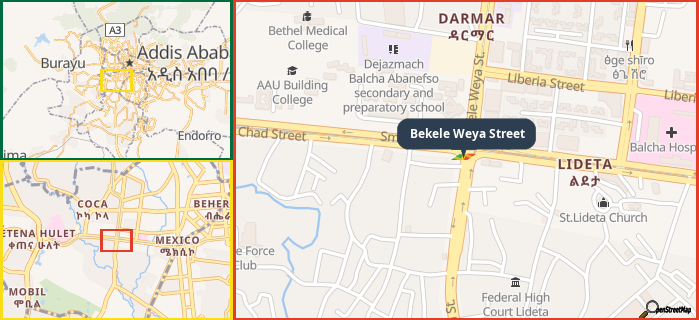 Map showing the address of Bekele Weya Street in three different zoom levels.