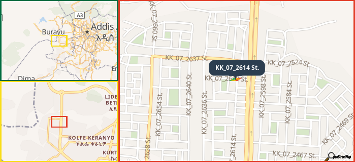 Map showing the address of KK_07_2614 St. in three different zoom levels.