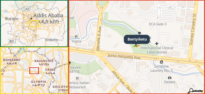 Map showing the address of Bantyiketu in three different zoom levels.