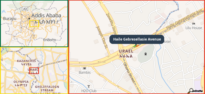 Map showing the address of Haile Gebresellasie Avenue in three different zoom levels.