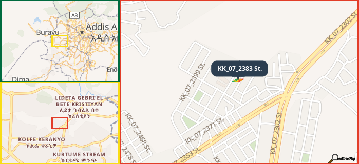 Map showing the address of KK_07_2383 St. in three different zoom levels.