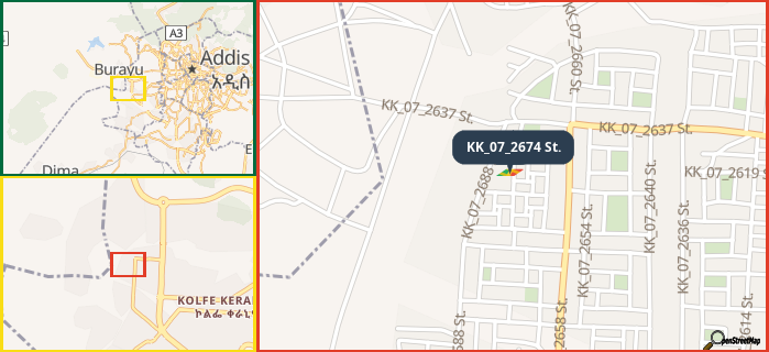 Map showing the address of KK_07_2674 St. in three different zoom levels.