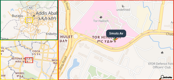 Map showing the address of Smuts Av in three different zoom levels.