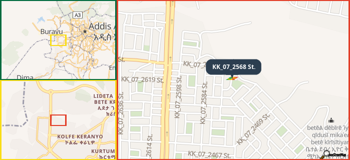 Map showing the address of KK_07_2568 St. in three different zoom levels.