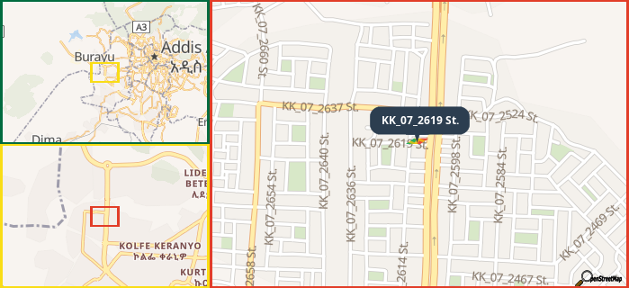 Map showing the address of KK_07_2619 St. in three different zoom levels.