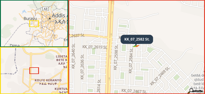 Map showing the address of KK_07_2582 St. in three different zoom levels.