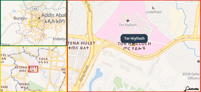 Map showing the address of Tor Hiylloch in three different zoom levels.