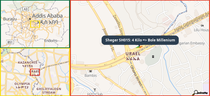 Map showing the address of Sheger SH015: 4 Kilo => Bole Millenium in three different zoom levels.